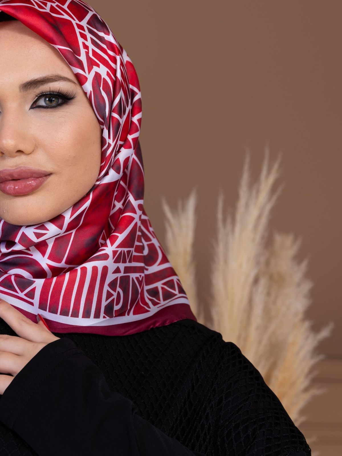 Bordo Geometrik Desen Vual Eşarp - Görsel 5