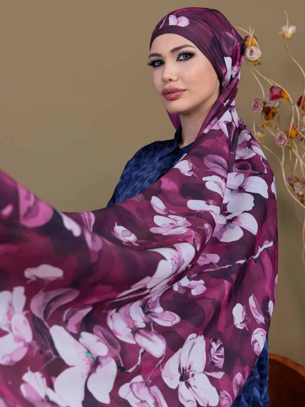 Mürdüm Eriği Papatya Desen Pamuk Şal