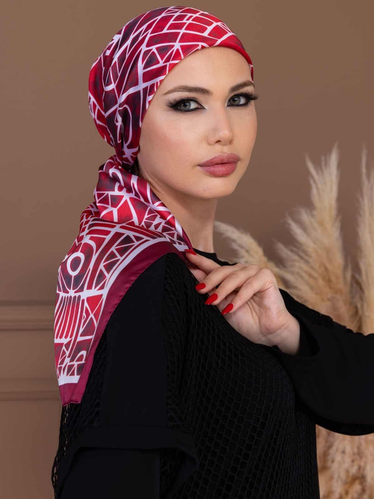 Bordo Geometrik Desen Vual Eşarp