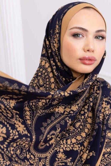 Lacivert Aksa Desen Pamuk İpek Şal