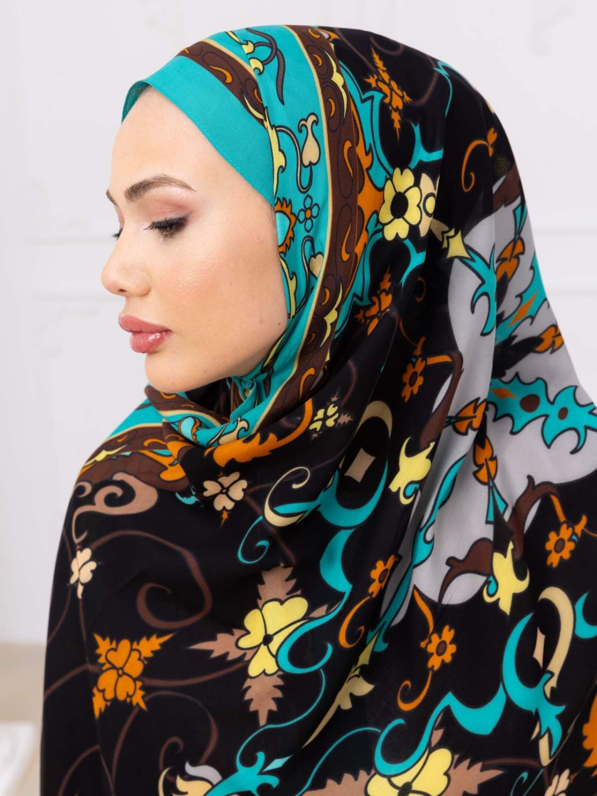 Turkuaz İberya Işığı Desen Pamuk İpek Şal - Görsel 5