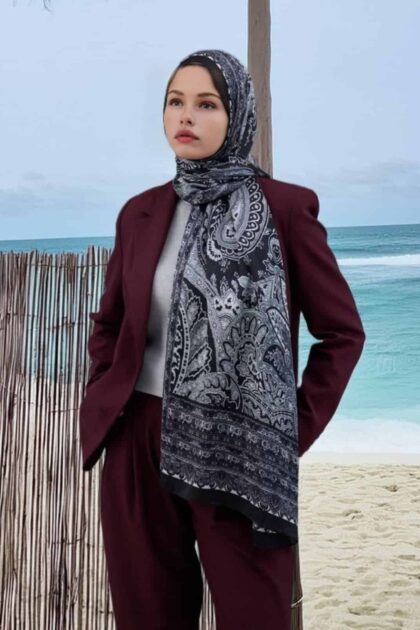 Siyah Hint Desen Yün İpek Şal