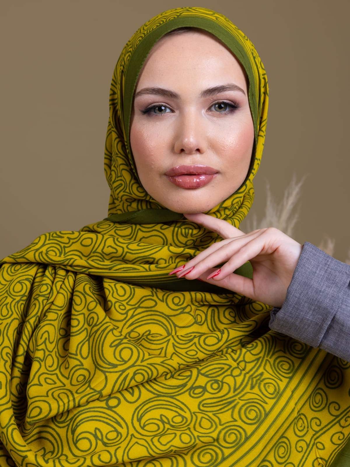 Yağ Yeşili Ebruli Desen Pamuk İpek Şal - Görsel 4