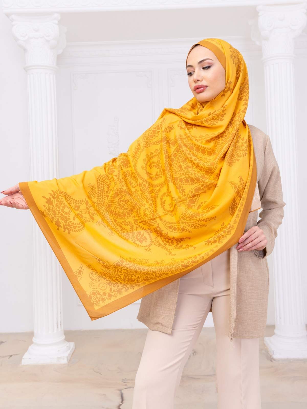 Oranj Aksa Desen Pamuk İpek Şal - Görsel 2