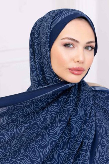 Petrol Ebruli Desen Pamuk İpek Şal