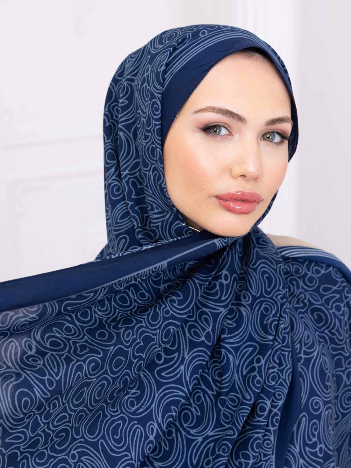 Petrol Ebruli Desen Pamuk İpek Şal