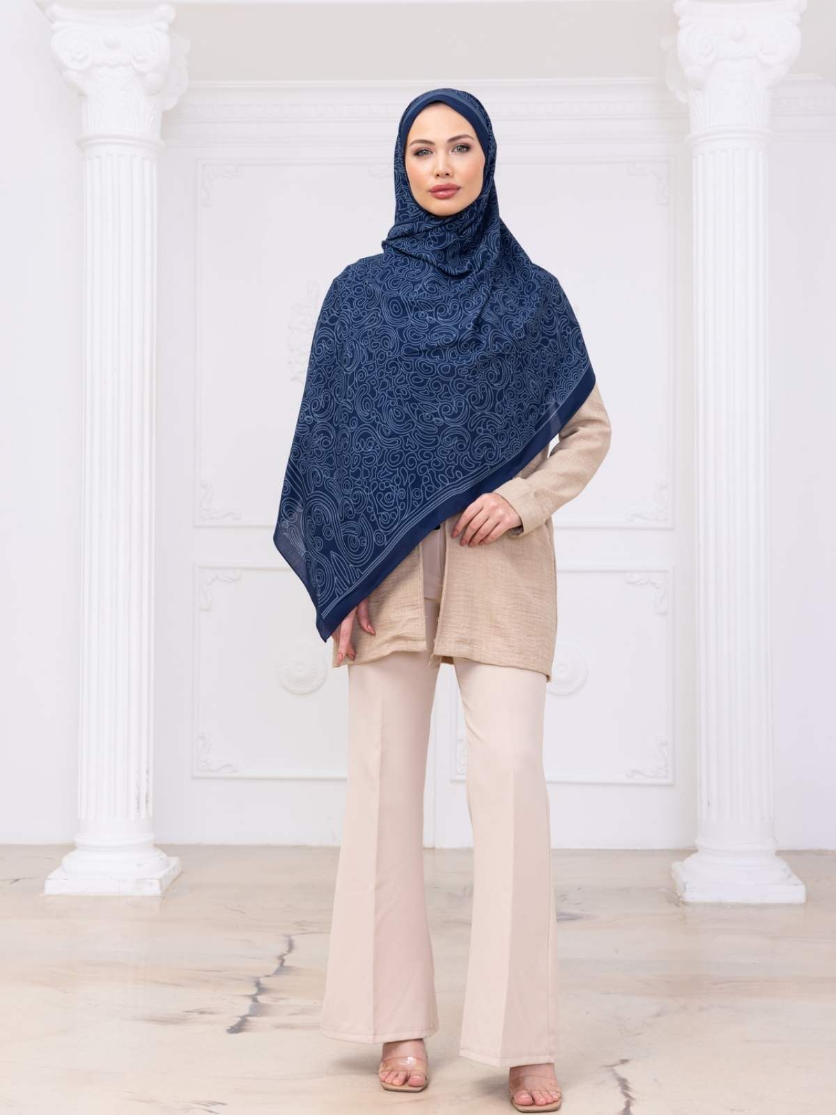 Petrol Ebruli Desen Pamuk İpek Şal - Görsel 2