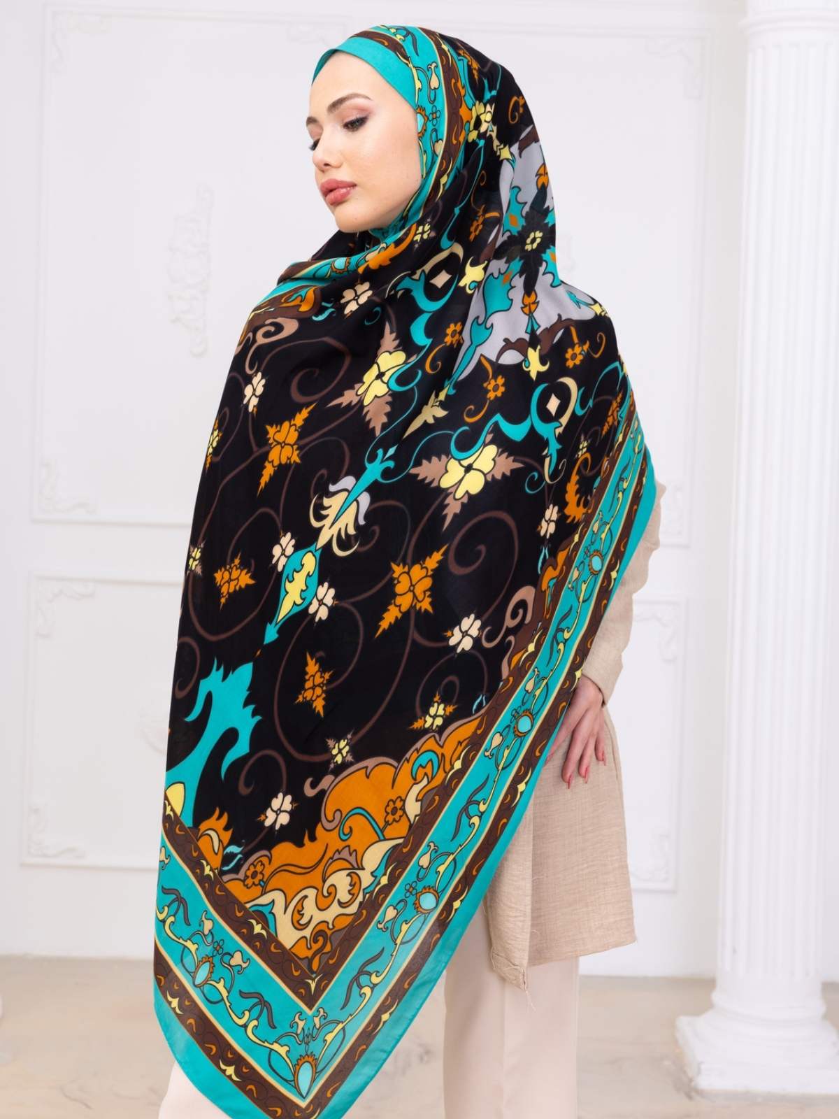 Turkuaz İberya Işığı Desen Pamuk İpek Şal - Görsel 2