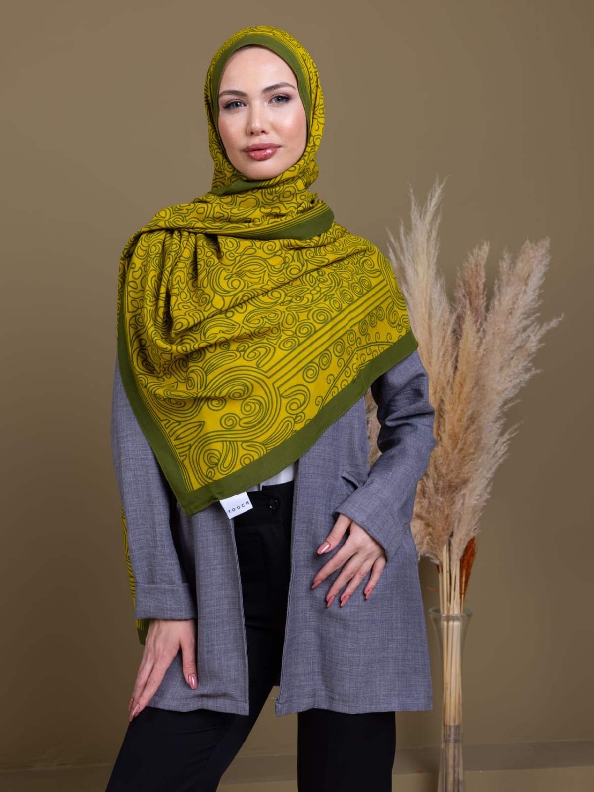 Yağ Yeşili Ebruli Desen Pamuk İpek Şal - Görsel 3