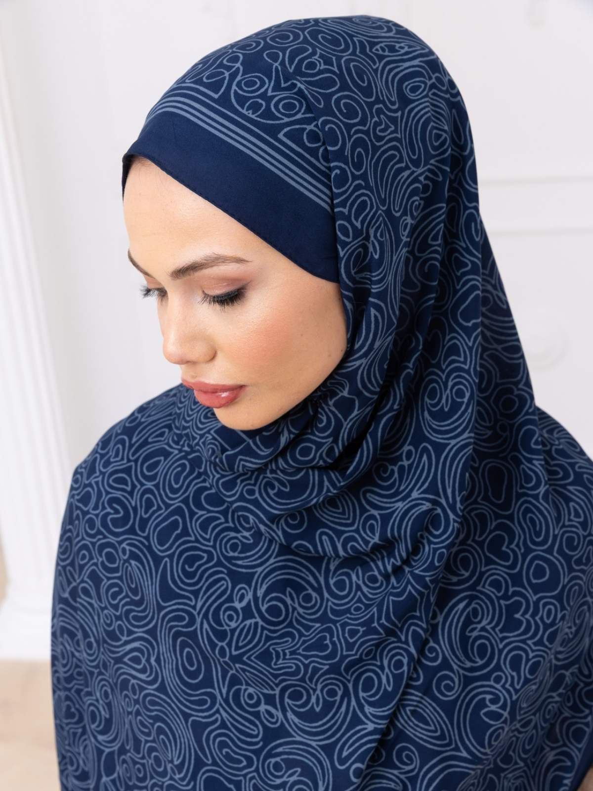 Petrol Ebruli Desen Pamuk İpek Şal - Görsel 3