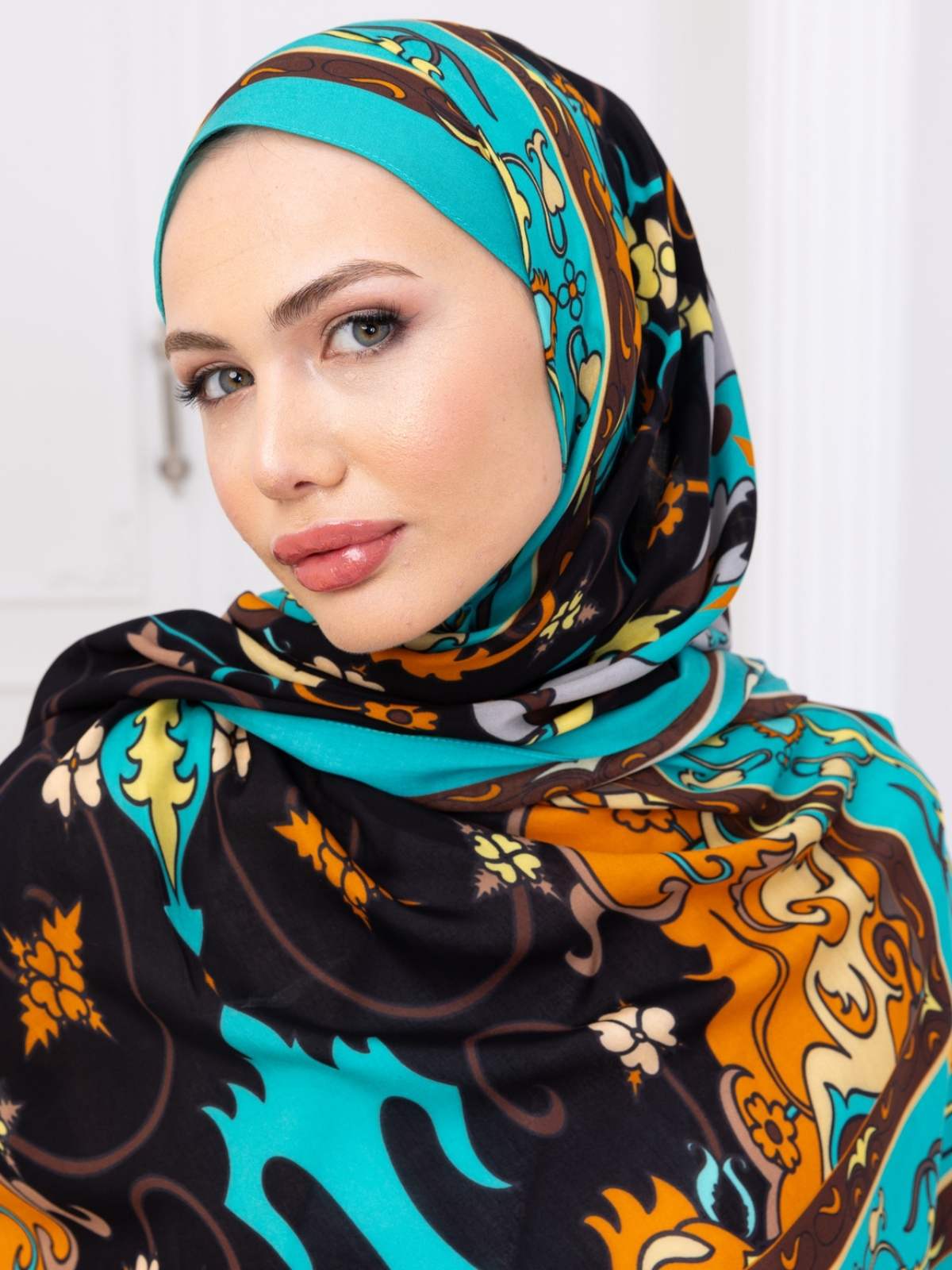 Turkuaz İberya Işığı Desen Pamuk İpek Şal - Görsel 3