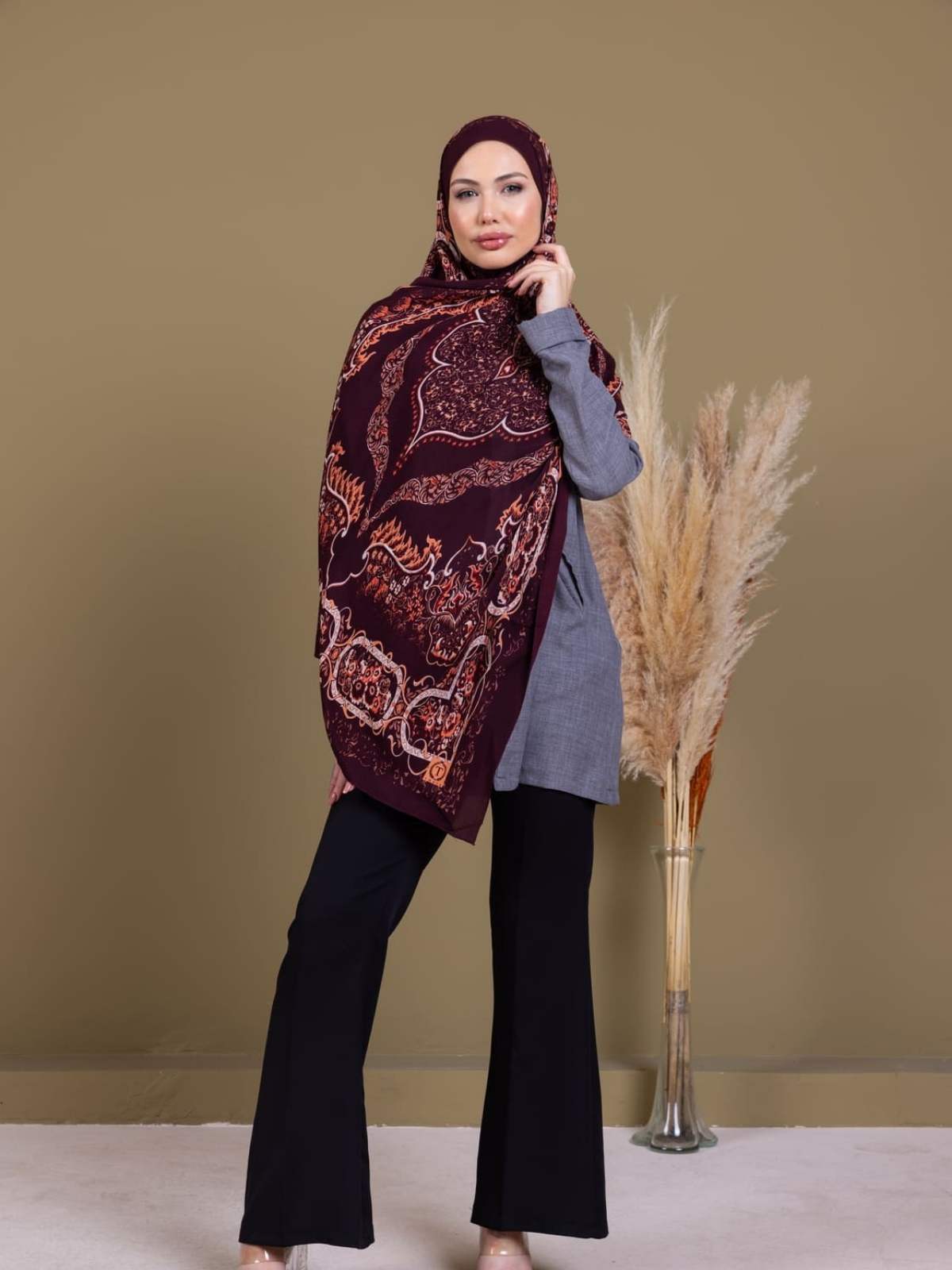 Mor Ruku Desenli Pamuk İpek Şal - Görsel 3