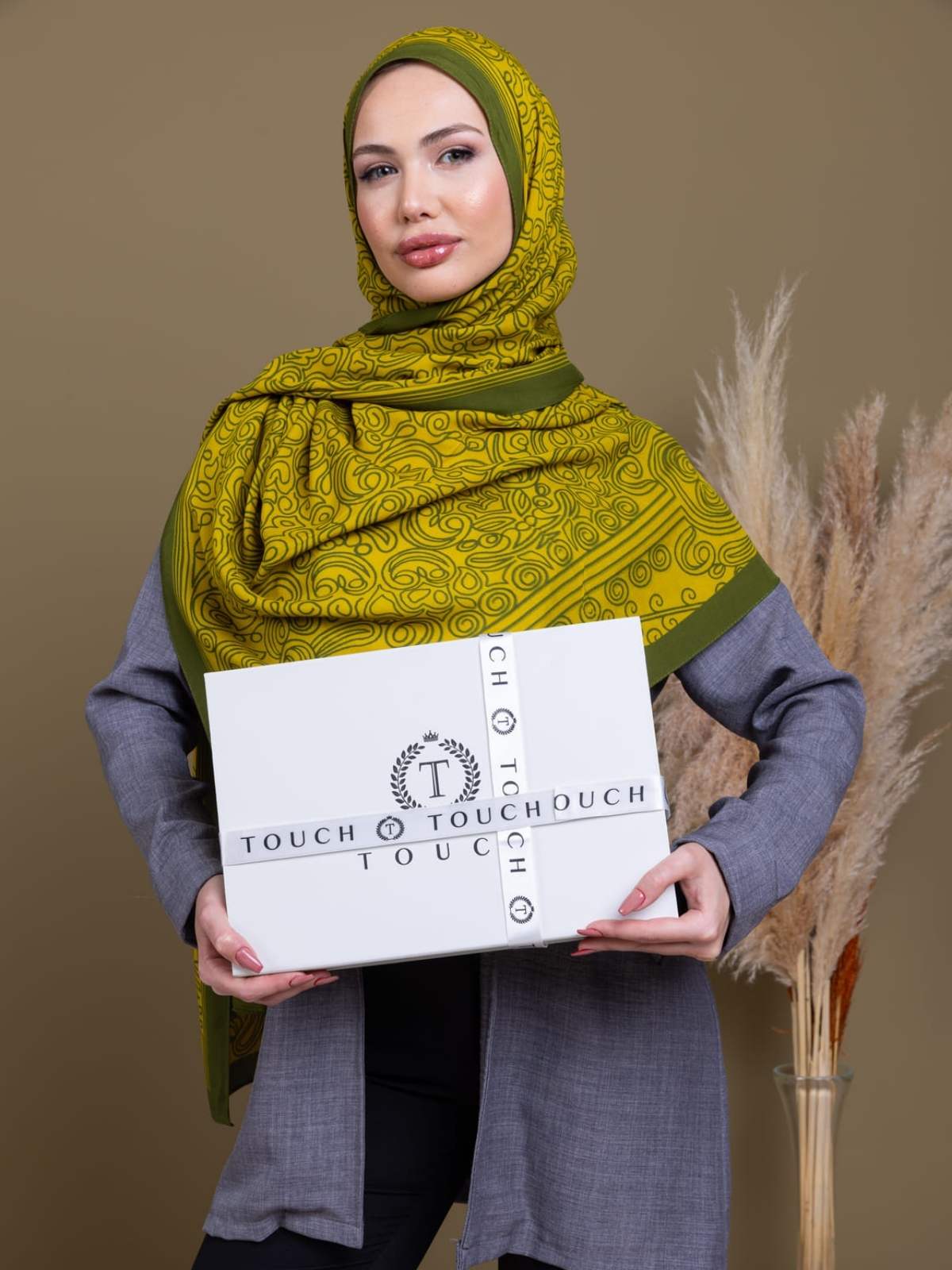 Yağ Yeşili Ebruli Desen Pamuk İpek Şal - Görsel 5