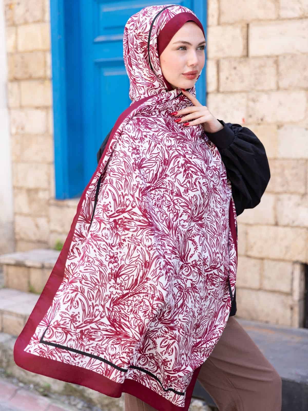 AmineNur'un Seçimi Bordo Sunset İpek Pamuk Şal - Görsel 3