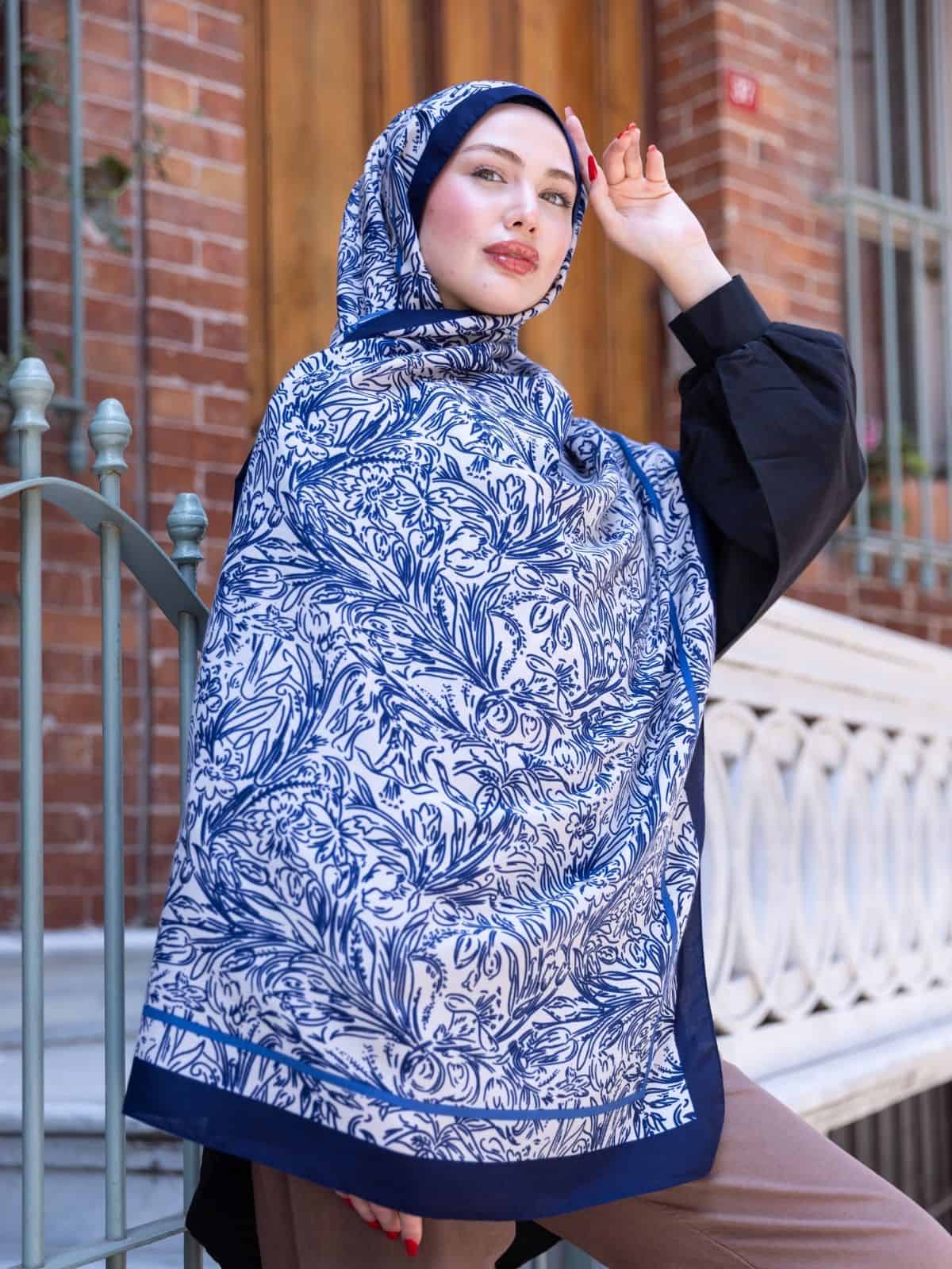 Lacivert Sunset İpek Pamuk Şal