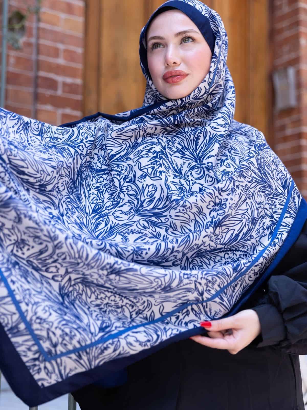 Lacivert Sunset İpek Pamuk Şal - Görsel 5