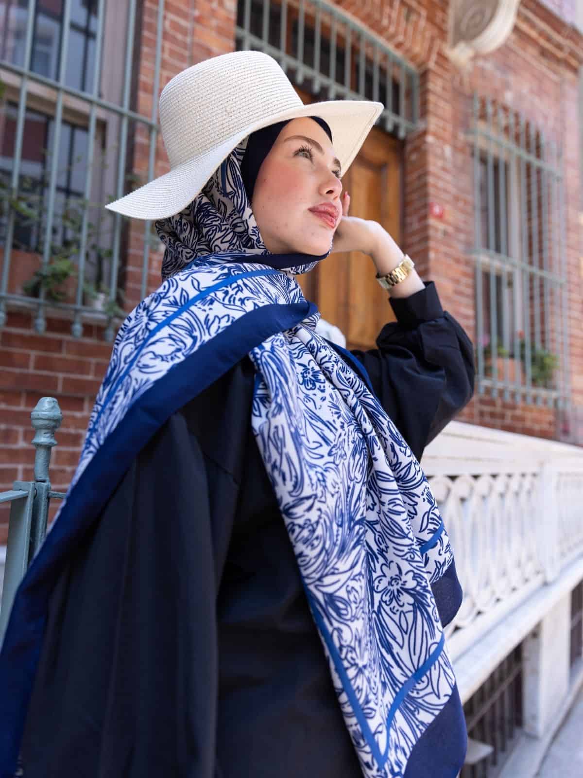 Lacivert Sunset İpek Pamuk Şal - Görsel 2