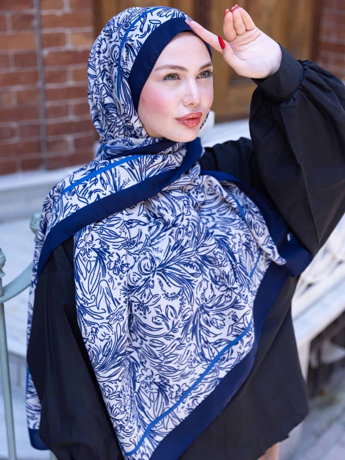 Lacivert Sunset İpek Pamuk Şal - Görsel 3