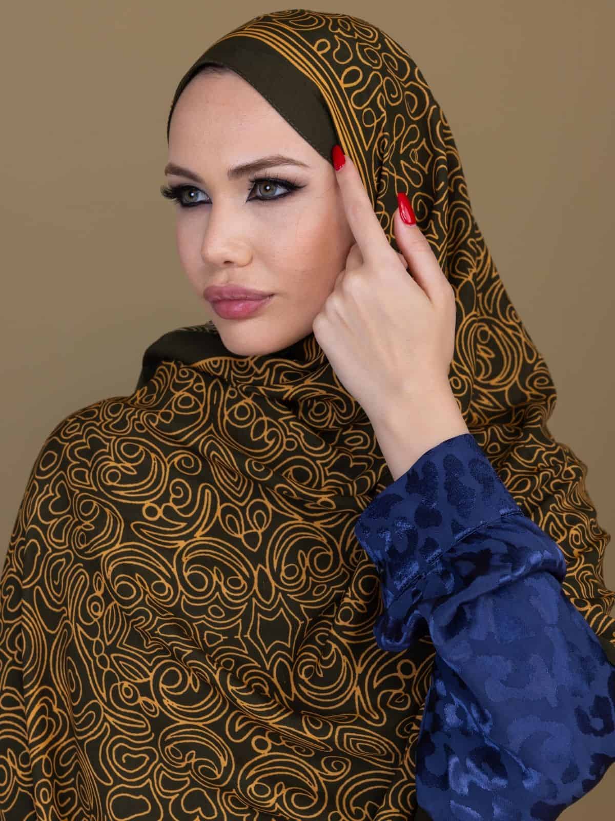 Haki Ebruli Desen Pamuk İpek Şal - Görsel 7