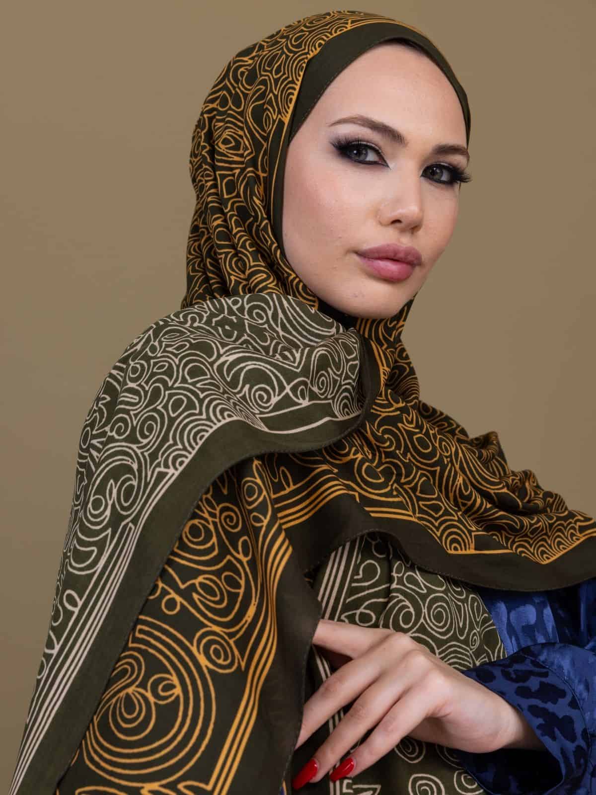 Haki Ebruli Desen Pamuk İpek Şal - Görsel 2