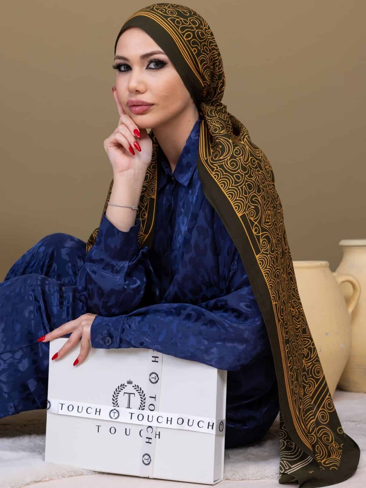 Haki Ebruli Desen Pamuk İpek Şal - Görsel 3