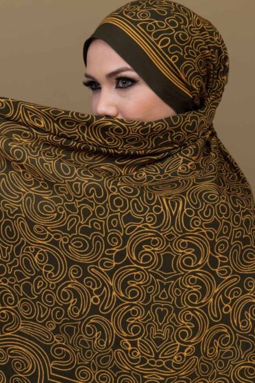 Haki Ebruli Desen Pamuk İpek Şal