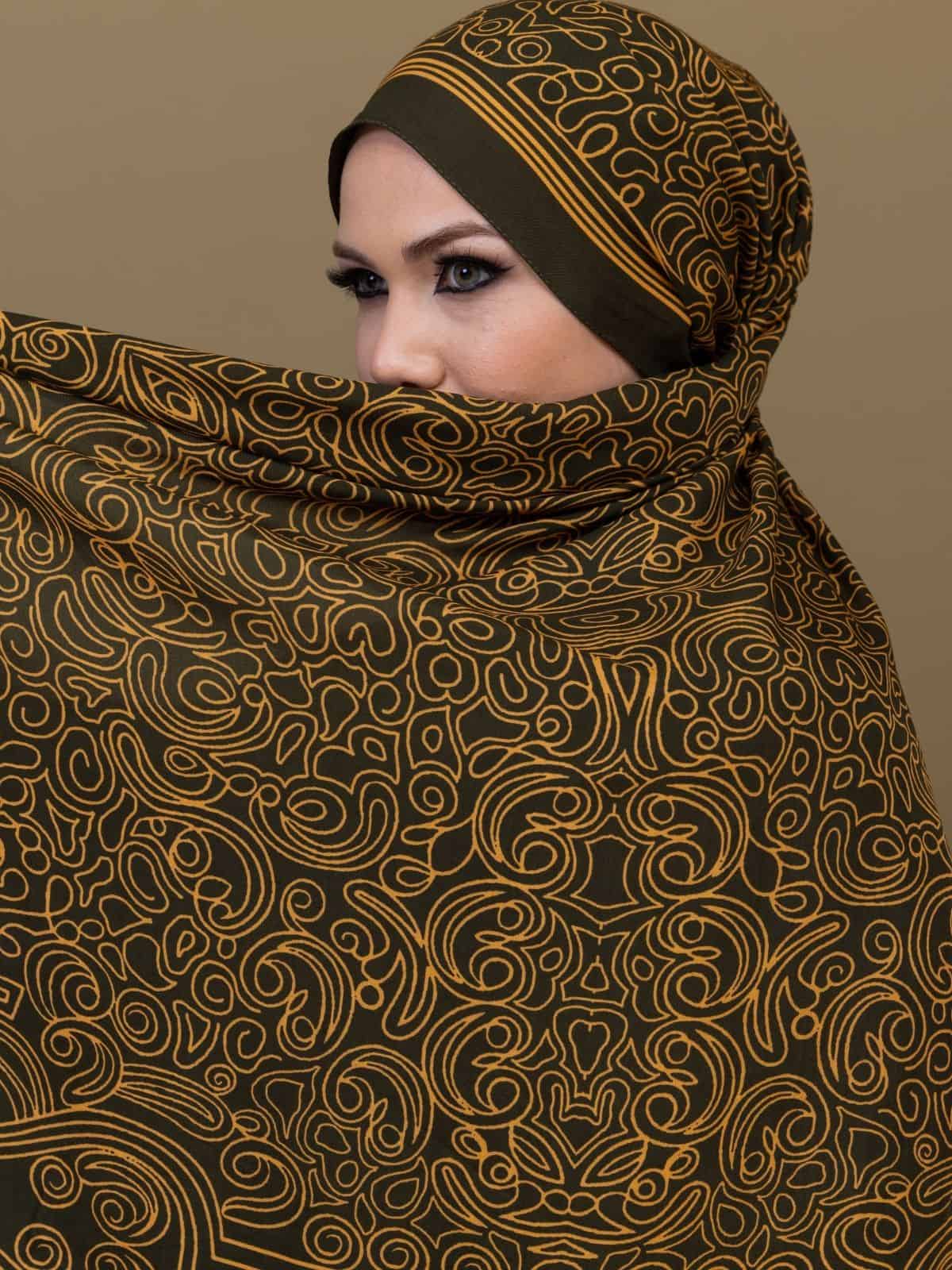 Haki Ebruli Desen Pamuk İpek Şal