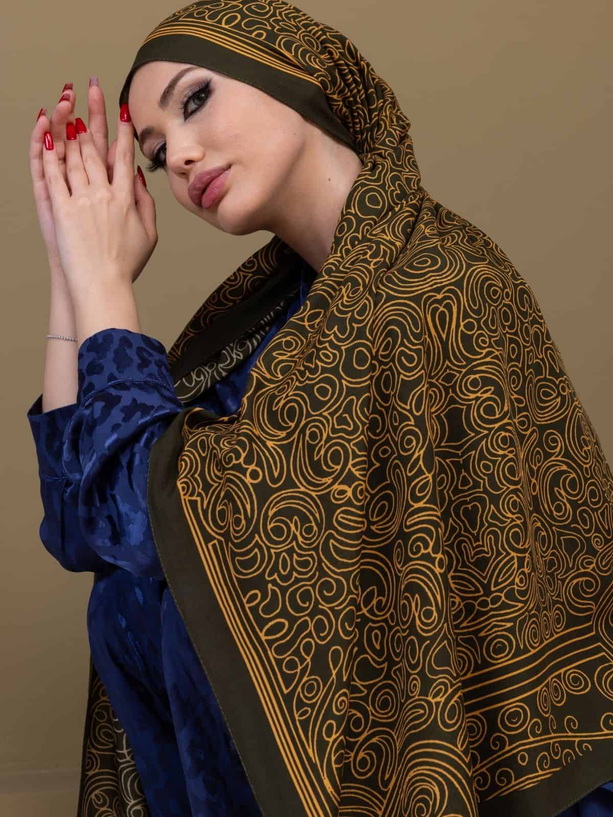 Haki Ebruli Desen Pamuk İpek Şal - Görsel 5