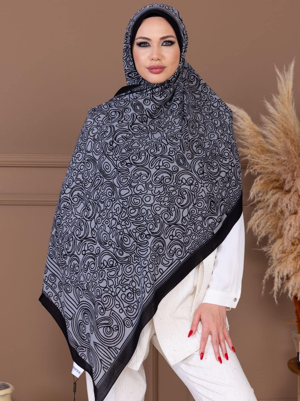 Gri Ebruli Desen Pamuk İpek Şal - Görsel 2