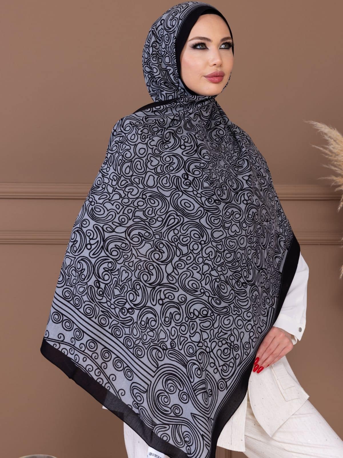 Gri Ebruli Desen Pamuk İpek Şal - Görsel 3