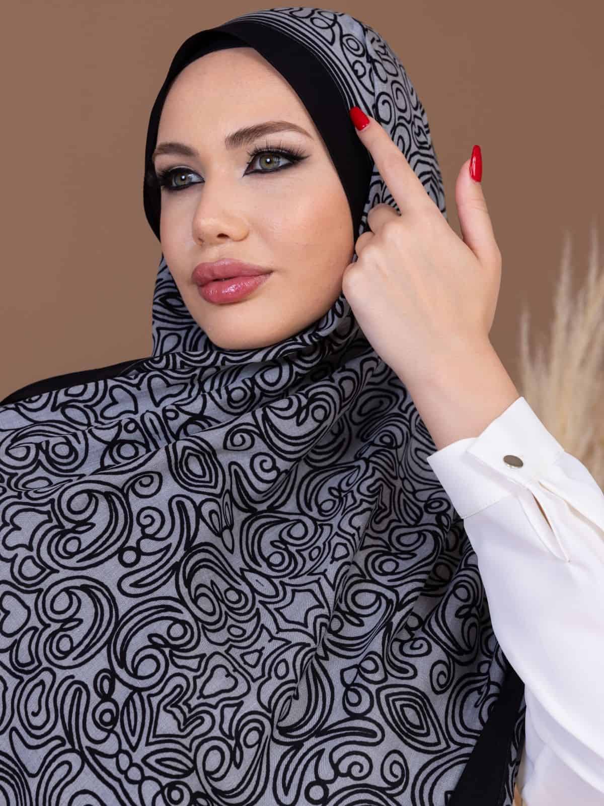 Gri Ebruli Desen Pamuk İpek Şal - Görsel 4