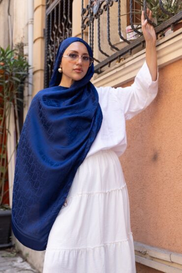 D Pamuk İpeksi Jakar Şal-53354-Lacivert