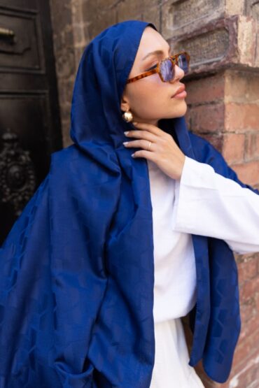 Dalga Desen Pamuk İpeksi Jakar Şal-53354-Lacivert