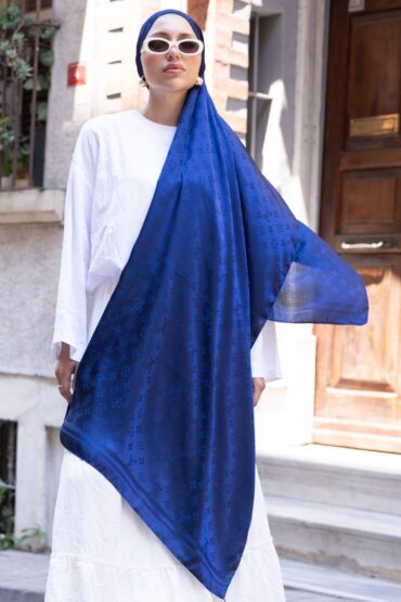 Pamuk İpeksi Jakar Şal-53354-Lacivert