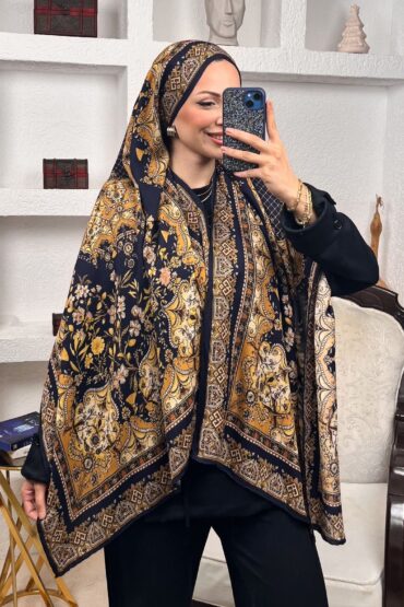 Lacivert Safir Desenli Yün İpek Şal
