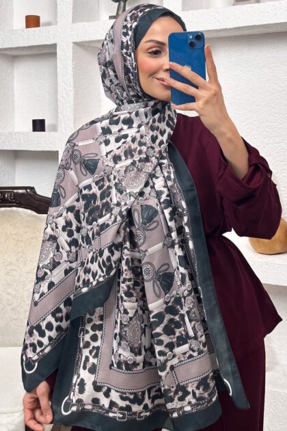 Hermes Leopar Pamuk Soft Şal 65329 - SİYAH- AÇIK LATTE