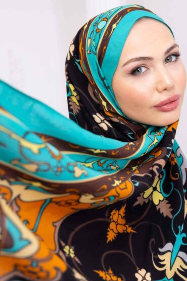 Turkuaz İberya Işığı Desen Pamuk İpek Şal