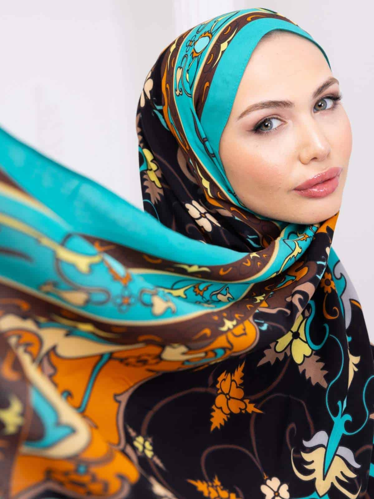 Turkuaz İberya Işığı Desen Pamuk İpek Şal