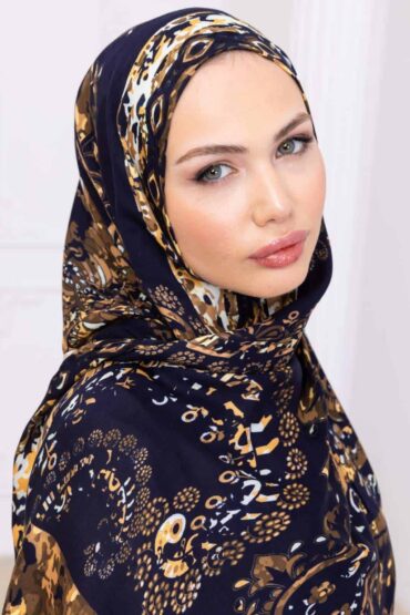 Lacivert Hardal SamanYolu Desen yün İpek Şal