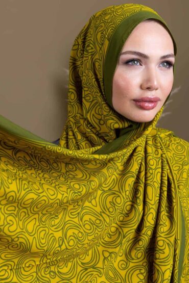 Yağ Yeşili Ebruli Desen Pamuk İpek Şal