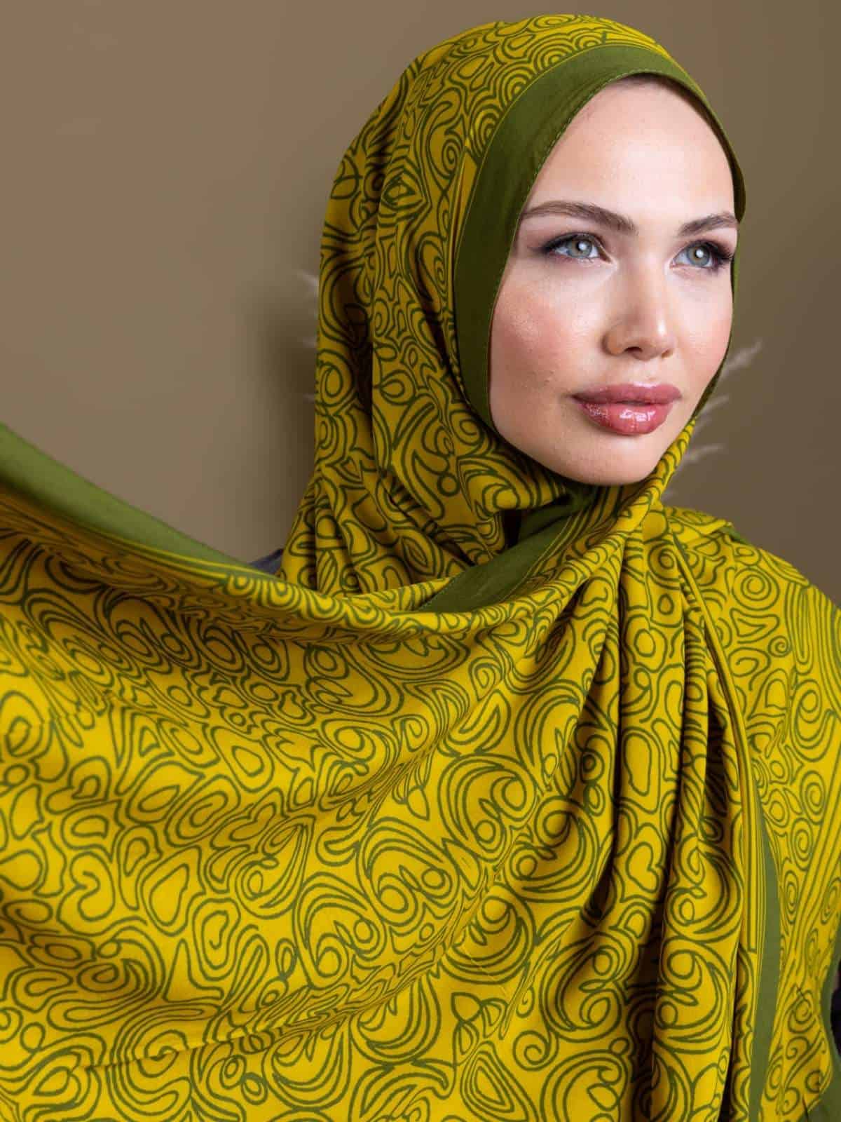 Yağ Yeşili Ebruli Desen Pamuk İpek Şal
