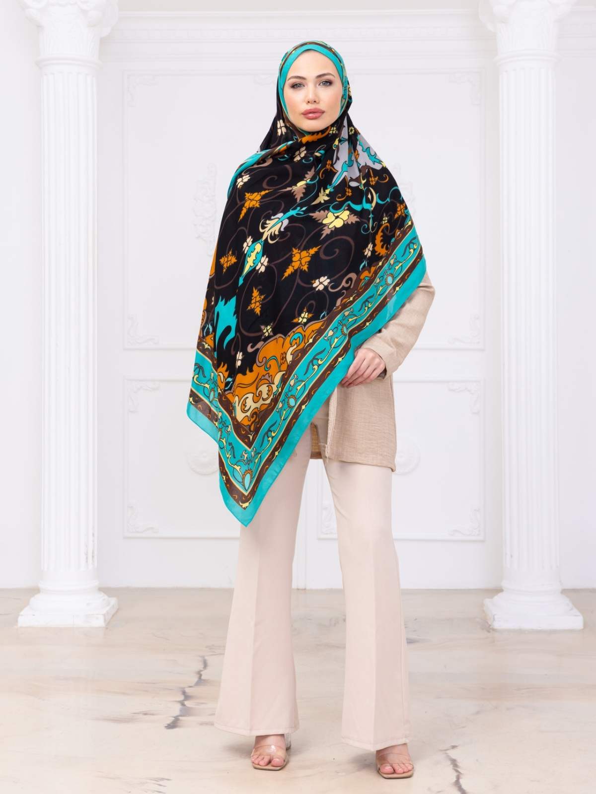 Turkuaz İberya Işığı Desen Pamuk İpek Şal - Görsel 4