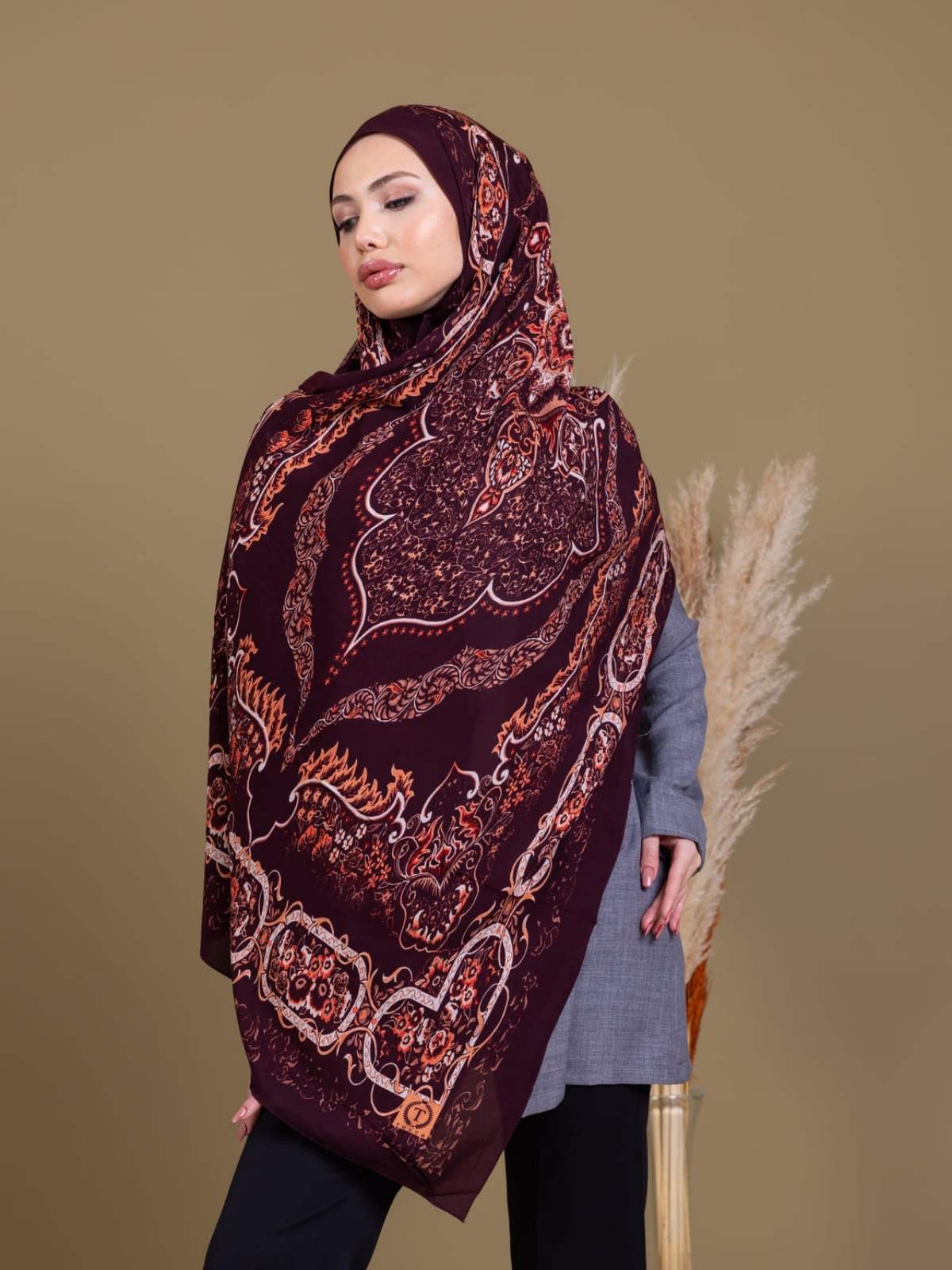 Mor Ruku Desenli Pamuk İpek Şal