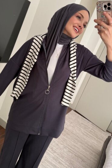 Premium Fermuarlı Basic İkili Takım TK2962 - Füme