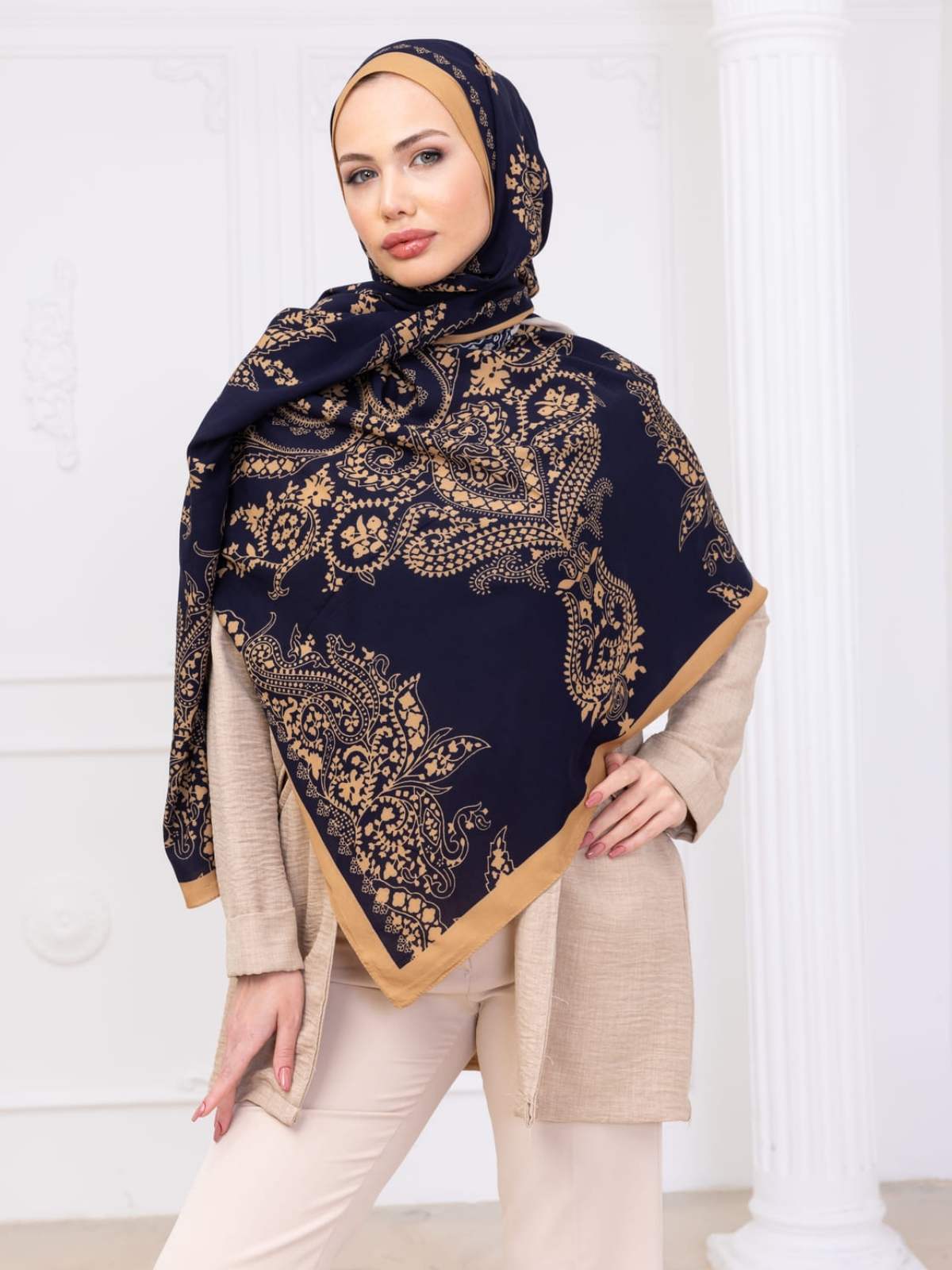Lacivert Aksa Desen Pamuk İpek Şal - Görsel 2