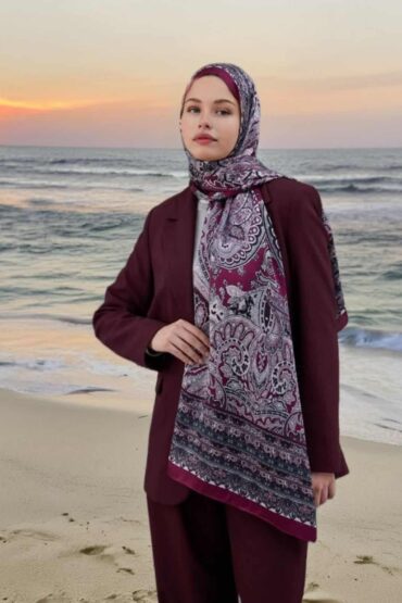 Vişne Hint Desen Yün İpek Şal