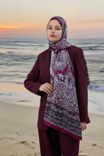 Vişne Hint Desen Yün İpek Şal