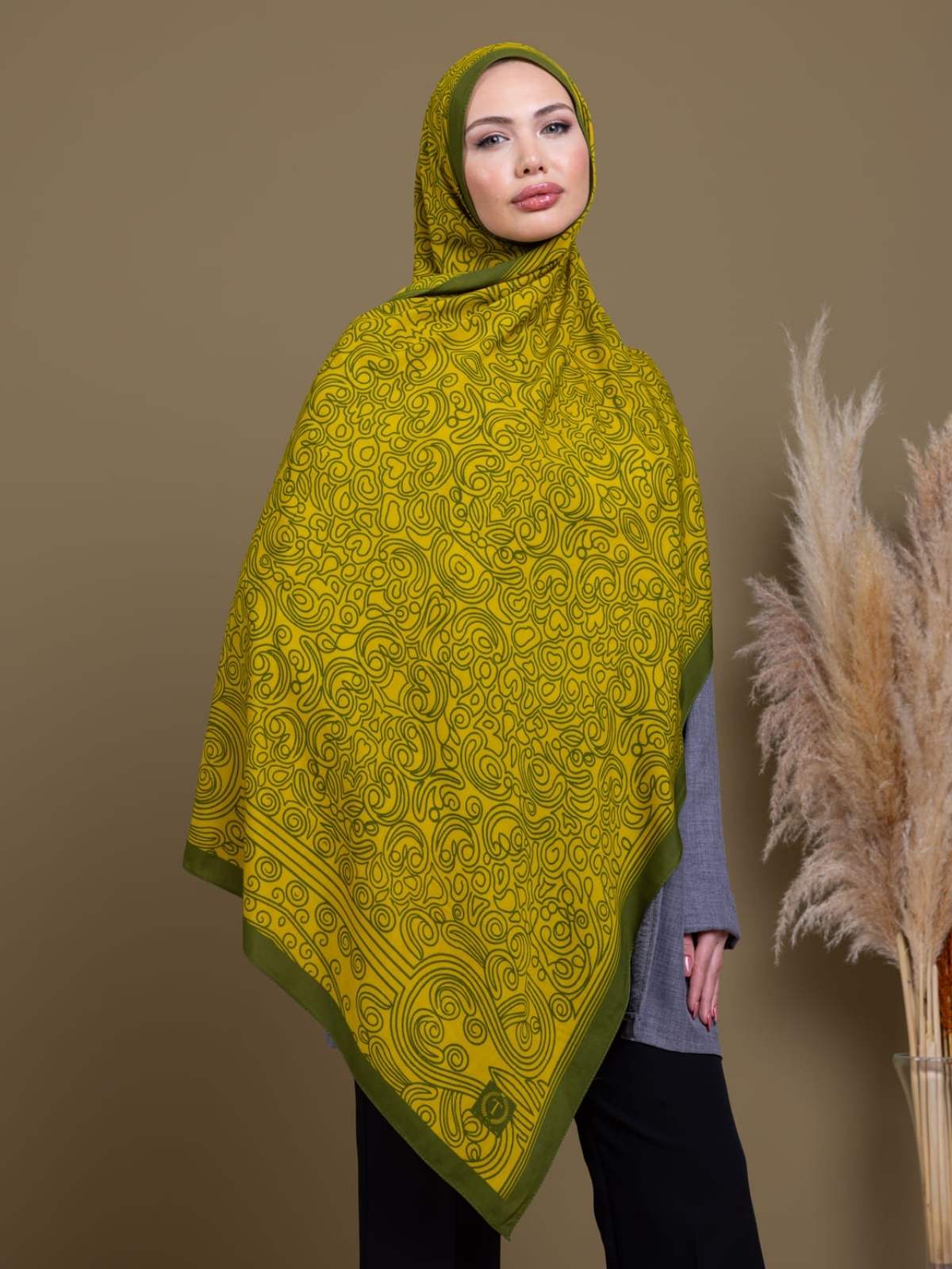 Yağ Yeşili Ebruli Desen Pamuk İpek Şal - Görsel 2