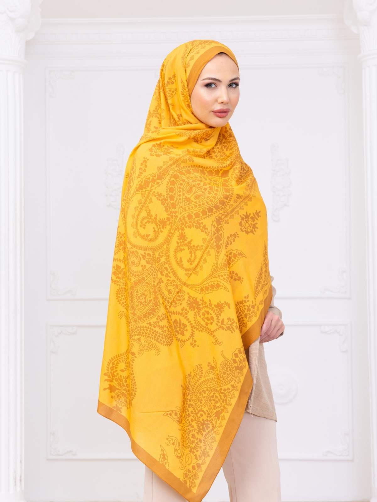 Oranj Aksa Desen Pamuk İpek Şal - Görsel 4