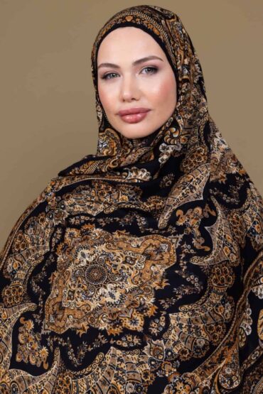 Siyah,Vizon Sedef Desenli Yün İpek Şal